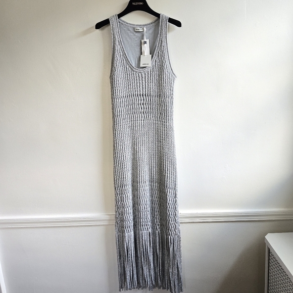 NEW SIMKHAI Jocelyn Open-Stitch Fringe Metallic Silver Midi Dress NWT Medium - Picture 10 of 12